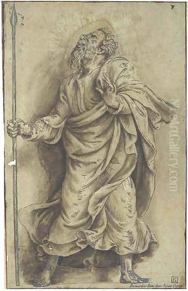 A soldier holding a spear, looking up to the left Oil Painting by Giulio Romano (Orbetto)