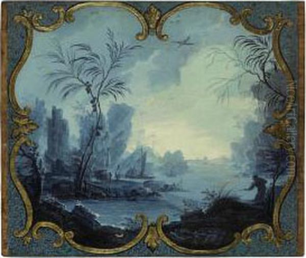 Chinoiseries Figures In A River Landscape Oil Painting by Jean-Baptiste Pillement