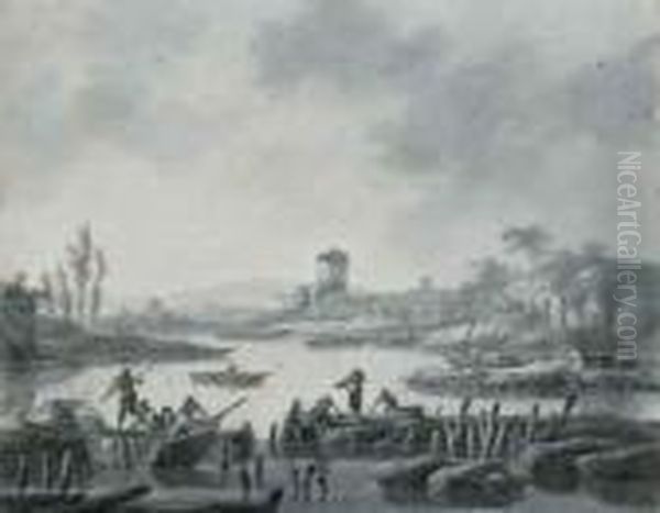 Pecheurs Remontant Leurs Filets 
Dans Des Barques Au Bord Du Rivage,une Tour A L'arriere-plan Oil Painting by Jean-Baptiste Pillement