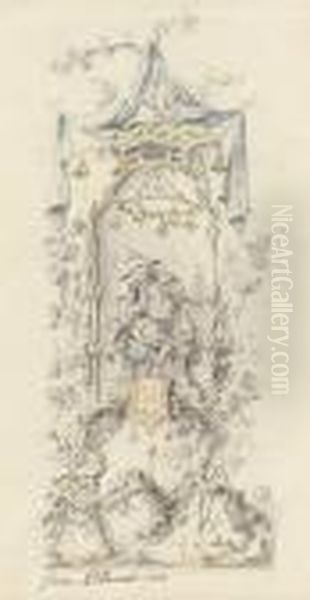 Design For A Chinoiserie Panel, 
Showing A Flautist Seated In Aniche Surrounded With Flowers Oil Painting by Jean-Baptiste Pillement