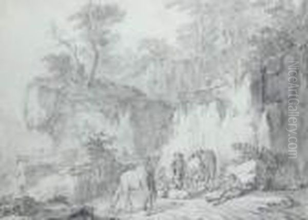 Famille De Paysans Cheminant Avec Une Mule Oil Painting by Jean-Baptiste Pillement