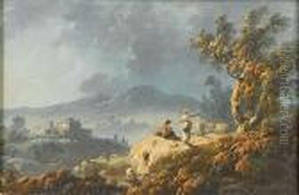 A Rocky River Landscape At Dusk 
With Shepherdsresting Beneath A Tree; And A River Landscape With A 
Shepherd Andshepherdess And Their Flock Oil Painting by Jean-Baptiste Pillement