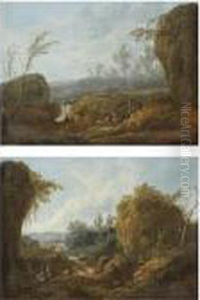 An Extensive River Landscape 
With A Waterfall And A Peasant Couple With A Dog In The Foreground Oil Painting by Jean-Baptiste Pillement