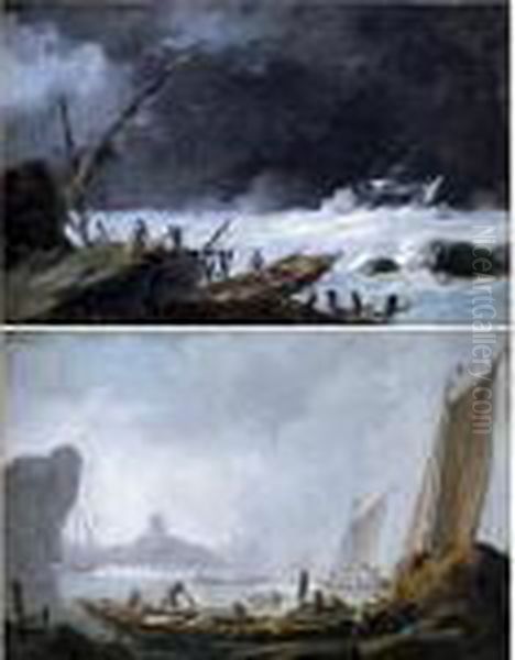 Fishermen Unloading Their Catch 
On The Shore, A Distant Castle Visible Through Fog Beyond Oil Painting by Jean-Baptiste Pillement