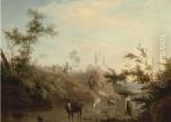 A River Landscape With A Drover, His Cattle And A Shepherd And Hisflock Oil Painting by Jean-Baptiste Pillement