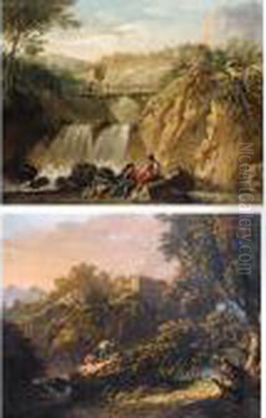A Mountainous Landscape With A 
Bridge Over A Waterfall And Two Young Men Conversing On A Rock In The 
Foreground Oil Painting by Jean-Baptiste Pillement