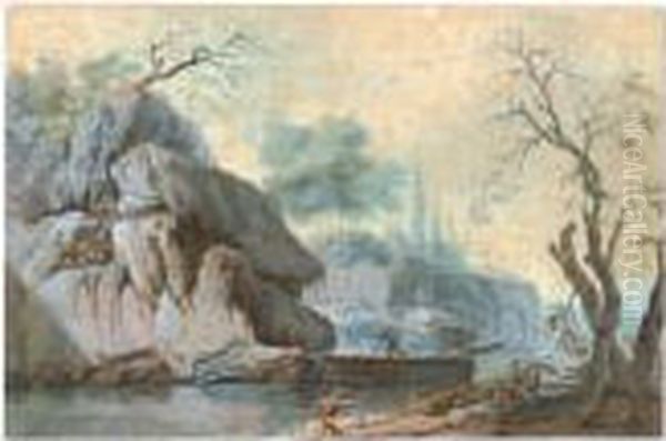 River Landscape With A View Of A Boatman And A Waterfall Oil Painting by Jean-Baptiste Pillement