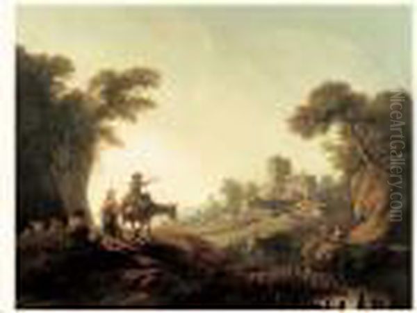 Deux Voyageurs Dans Un Paysage De Riviere Au Portugal Oil Painting by Jean-Baptiste Pillement