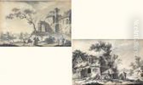 Pierre Noire, Estompe, Lavis De 
Noir Et De Gris. Filets D'encadrement A L'encre Brune Et Noire. Oil Painting by Jean-Baptiste Pillement