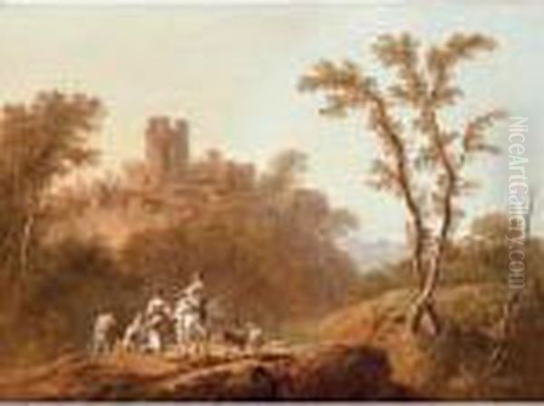A Wooded, Hilly Landscape With 
Peasants, A Goat And Sheep On A Track Near A Ruined Castle Oil Painting by Jean-Baptiste Pillement