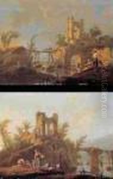 Peasants Fishing And Laundering 
By The Banks Of A River, Ruined Castles Beyond: A Pair Of Paintings Oil Painting by Jean-Baptiste Pillement