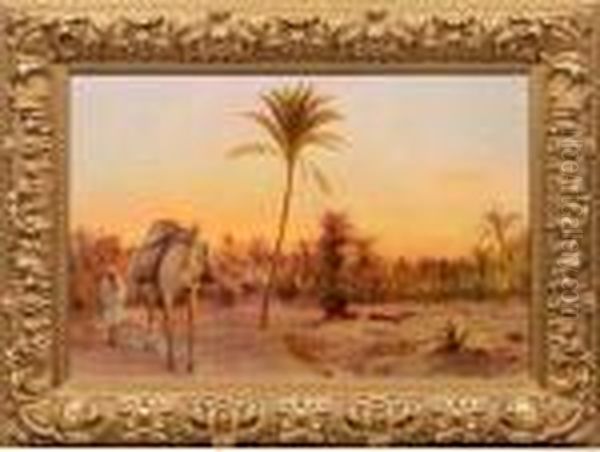 Grose Abendlandschaft Mit Kamelfuhrer Vor Einem Palmenhain Oil Painting by Otto Pilny