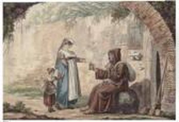 A) E B) Scena Di Vita Popolare Con I Frati Che Chiedono L'elemosina Oil Painting by Bartolomeo Pinelli