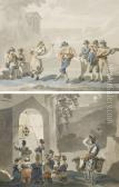 Un Couple Dansant Le 
'saltarello', Entoure De Musiciens; Et Des Femmes Et Des Enfants Se 
Recueillant Devant Une Chapelle Eclairee A Tivoli Oil Painting by Bartolomeo Pinelli