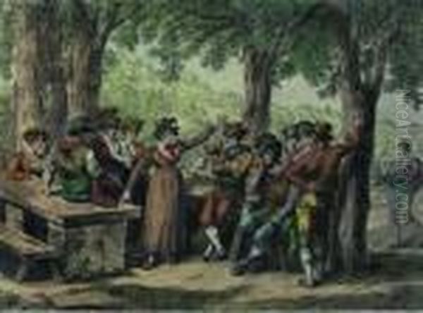 A) Donna Romana Improvvisando In
 Poesia, All'osteria Del Carciofo, Vicino Le Terme Antoniane, Il Giorno 
Della Festa Del Divino Amore - B) Varie Maschere Di Carattere Del 
Carnevale Di Roma - C) Combattimento Di Trasteverini E Monticiani, Con 
Sassi  Oil Painting by Bartolomeo Pinelli