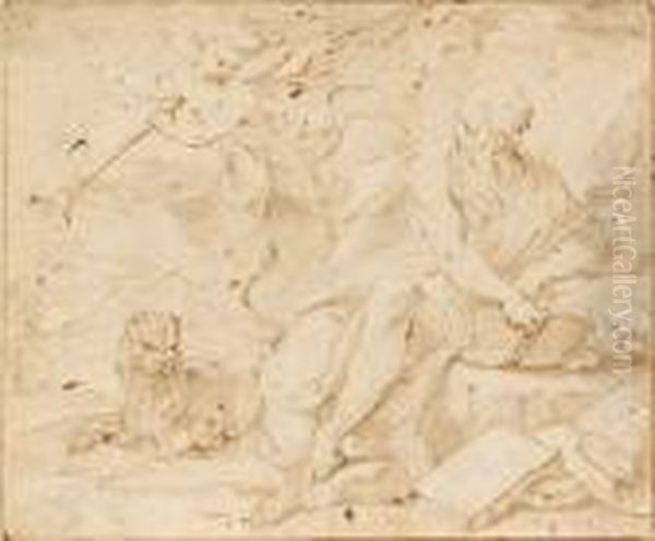 Recto : Saint Jerome Dans Le 
Desert Verso: Etude A La Plume Du Meme Personnage Plume Et Encre Brune Oil Painting by Domenico Piola