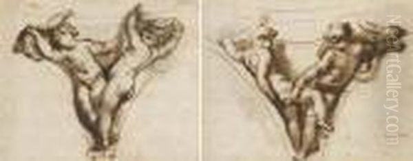 Deux Putti Dans Un Pendentif 
Tenant Une Guirlande; Et Deux Putti Dans Un Pendentif Tenant Une 
Guirlande Oil Painting by Domenico Piola