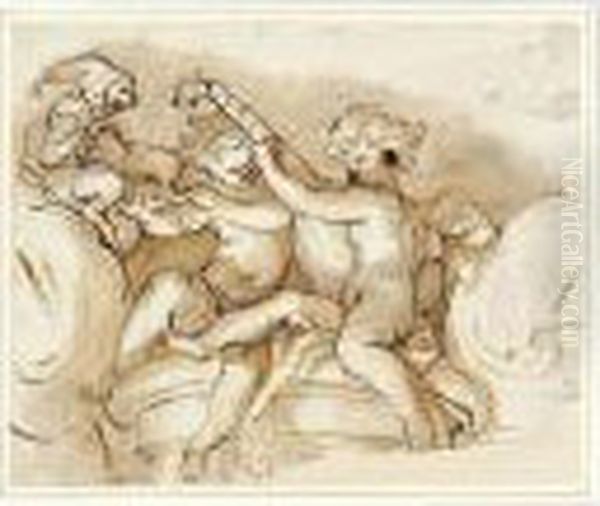 Two Music-making Putti Perched 
On An Ionic Column, Their Score Held Up By A Monkey In A Hat Oil Painting by Domenico Piola