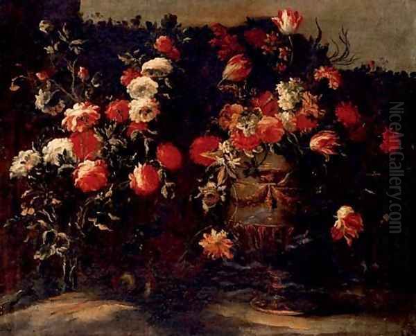Tulips, roses, daffodils and other flowers in an urn, on a stone Oil Painting by Elisabetta Marchioni