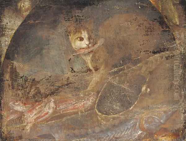 A cat stealing a fish from an upturned basket Oil Painting by Elena Recco