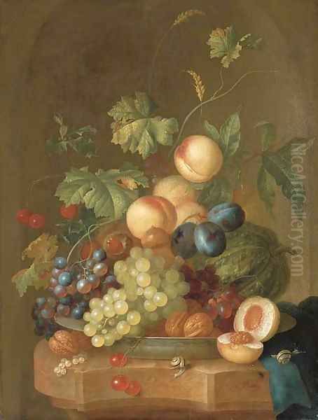 Grapes, cherries, plums, peaches, walnuts and a melon in a porcelain bowl Oil Painting by Johan Christiaan Roedig