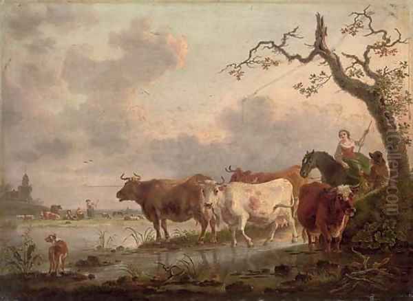 An extensive landscape with herdsmen and cattle watering at a stream Oil Painting by Jean-Baptiste De Roy