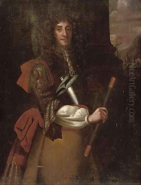 Portrait of James II (1633-1701), three-quarter-length, a telescope in his right hand, with ships beyond Oil Painting by John Riley
