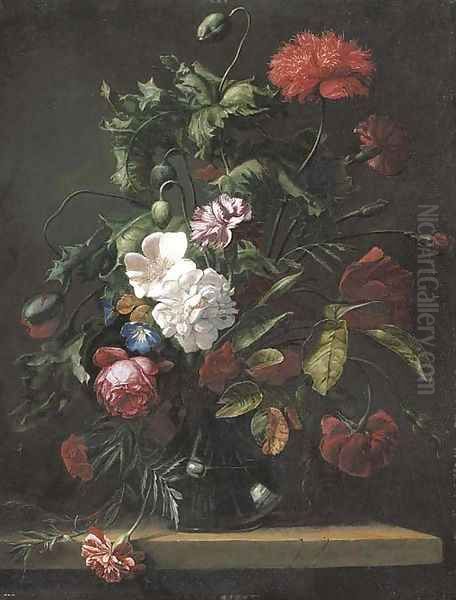Roses, carnations, morning glory and other flowers in a glass vase on a stone ledge Oil Painting by Rachel Ruysch