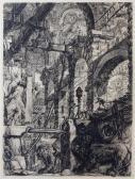 A Series Of Galleries With Round
 Arches And A Crane-like Erection Of Beams In The Right Foreground Oil Painting by Giovanni Battista Piranesi