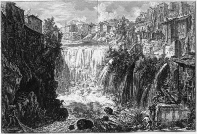 S. Peter's; Fontana Dell' Acqua 
Giulia; Portico Of Octavia, Interior; Waterfall At Tivoli; And Piazza 
Del Quirinale Oil Painting by Giovanni Battista Piranesi