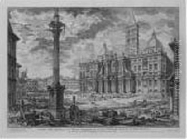 S. Maria Maggiore With The 
Column From The Basilica Of Constantinein The Foreground; S. Maria 
Maggiore With The Obelisk In The Piazzadell' Esquilino; The Palazzo 
Della Consulta (h.9, 10, 22) Oil Painting by Giovanni Battista Piranesi