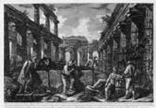 Differentes Vues De Quelques 
Restes De Trois Grands Edifices Quisubsistent Encore Dans Le Milieu De 
L'ancienne Ville De Pesto (f.583-599; W.-e. 717-737) Oil Painting by Giovanni Battista Piranesi
