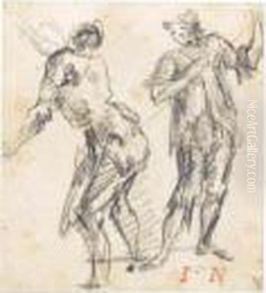 Study Of Two Workmen, One Seen 
From The Front, The Other Seen From Behind And Twisting To The Left Oil Painting by Giovanni Battista Piranesi