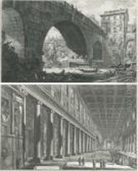 Vedute Di Roma: Veduta Del Ponte
 Ferrato Dagl'antiquarj Dettocestio; And Veduta Interna Della Basilica 
Di S. Mariamaggiore Oil Painting by Giovanni Battista Piranesi