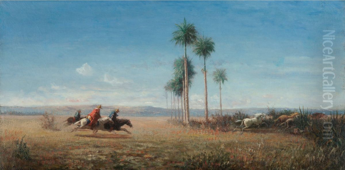 Trois Cavaliers Et Chevaux Galopant Dans Une Plaine (venezuela) Oil Painting by Camille Pissarro