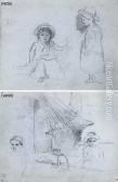 Une Jeune Fille Assise A Cote 
D'un Garcon (recto); Un Hamac Avec Etudes D'enfants (verso) Oil Painting by Camille Pissarro