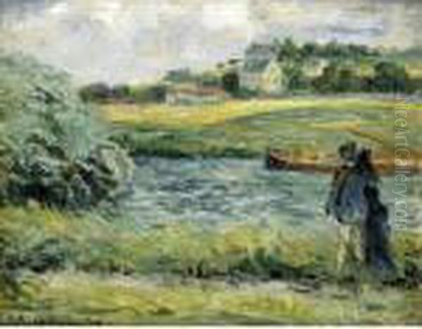 Promenade Au Bord De L'eau, Pontoise Oil Painting by Camille Pissarro