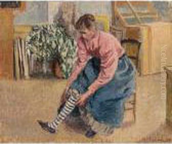 Femme Tirant Son Bas Oil Painting by Camille Pissarro
