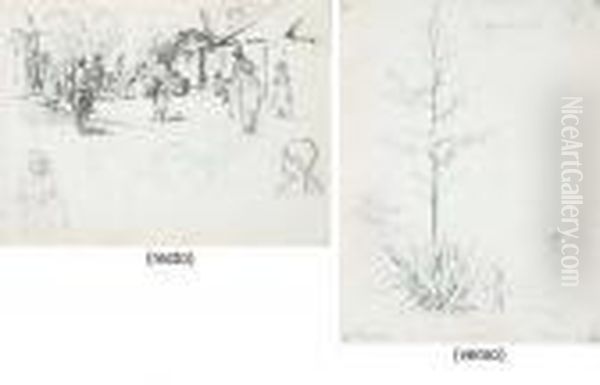 A Street Scene With Indians, A 
Subsidiary Study Of The Same Andstudies Of A Boy And A Girl Seen From 
Behind (recto); An Agave Treein Caracas (verso) Oil Painting by Camille Pissarro