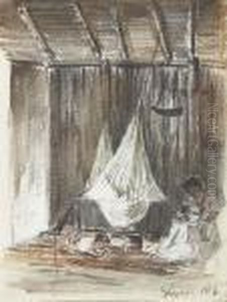 The Interior Of A Hut With A 
Hammock And An Indian Mother With Hertwo Children, Galipan (recto); Palm
 Trees (verso) Oil Painting by Camille Pissarro