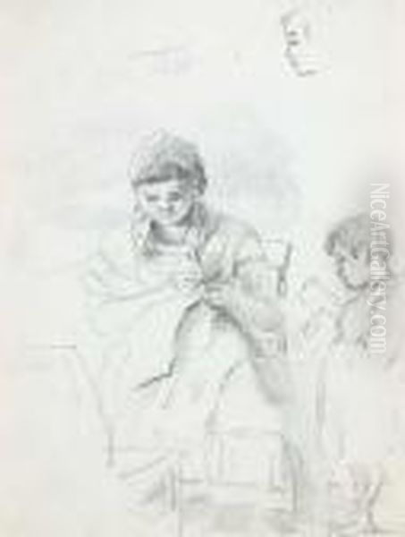 A Seated Woman Sewing And A 
Standing Boy Reading, With Subsidiarystudies Of The Woman's Left Arm And
 Of The Boy's Head (recto); Palmtrees (verso) Oil Painting by Camille Pissarro