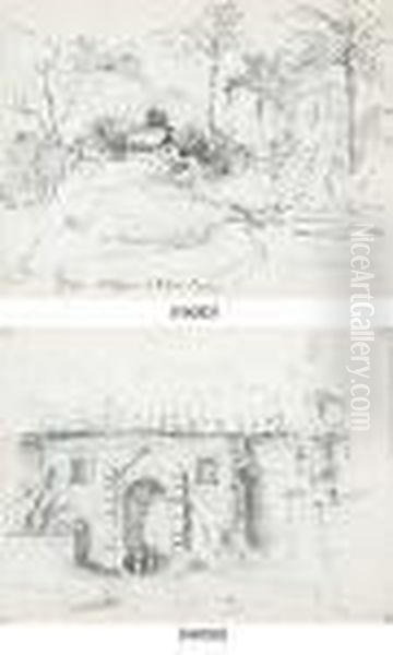 Senor Correa's Hut In The 
Forest, Galipan (recto); A Large Housewith Two Indians Standing In 
Front, Palm Trees On The Left(verso) Oil Painting by Camille Pissarro