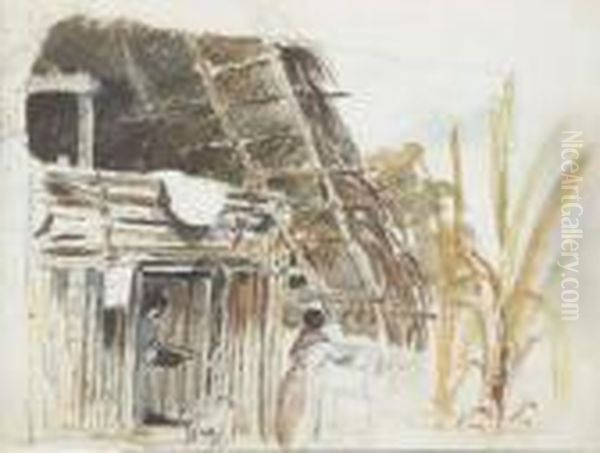 A Hut With Two Women And A Dog 
In The Foreground, Galipan (recto);studies Of Women And A Men In A Hat 
(verso) Oil Painting by Camille Pissarro