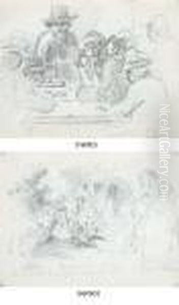 A Group Of Indians Playing Cards
 Around A Table, Galipan (recto);the Country House Of The Sturups Family
 In Savana Grande, With Astudy Of Woman Seen From Behind (verso) Oil Painting by Camille Pissarro