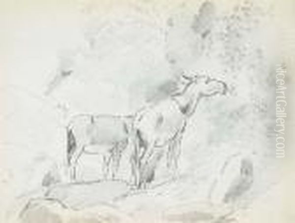 Two Donkeys Grazing In The 
Mountains (recto); Studies Of A Woman'sprofile, A Standing Woman, A Boy 
Reading, And A Small Landscapewith Figures (verso) Oil Painting by Camille Pissarro