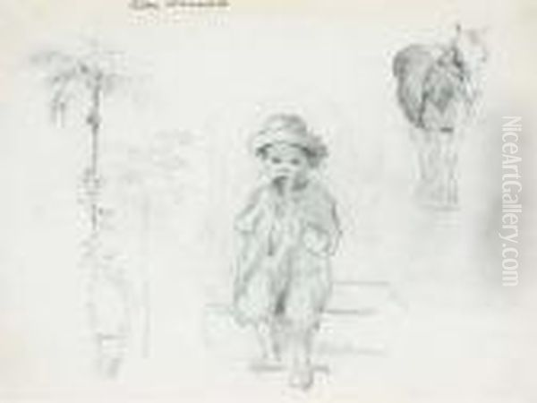 A Seated Boy Eating, With 
Studies Of Horses, Palm Trees And Anotherfigure (recto); Palm Trees 
(verso) Oil Painting by Camille Pissarro