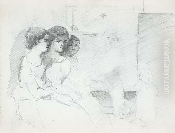 Three Women Seated In An 
Interior, With A Man And A Baby In Thebackground (recto); Studies Of A 
Woman Kneeling On Her Elbow,bust-length, A Donkey's Head, A Man In A 
Hat, And A Scene With Aman With A Wheel Begging From Two Women (verso) Oil Painting by Camille Pissarro