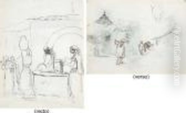 A Group Of Indians By A 
Fountain, With A Woman Carrying A Baby,caracas (recto); Two Huts In The 
Mountains, With A Man Leading Adonkey And Another Carrying Water (verso) Oil Painting by Camille Pissarro