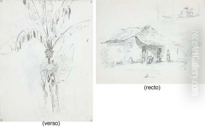 Figures In Front Of A Hut, With 
Studies Of Two Figures Cooking, Onekneeling (recto); A Palm Tree (verso) Oil Painting by Camille Pissarro