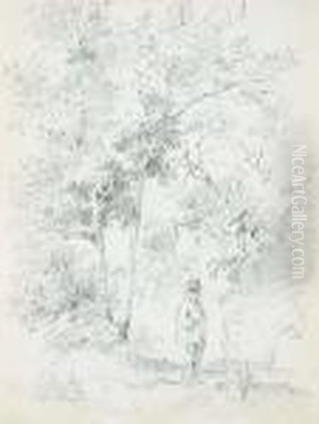 A Man With A Donkey In A Forest 
(recto); A Group Of Figures Beforea House, And A Study Of A Nude (verso) Oil Painting by Camille Pissarro